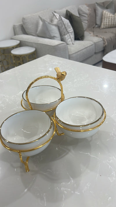 Asffor white and gold triple serving bowl