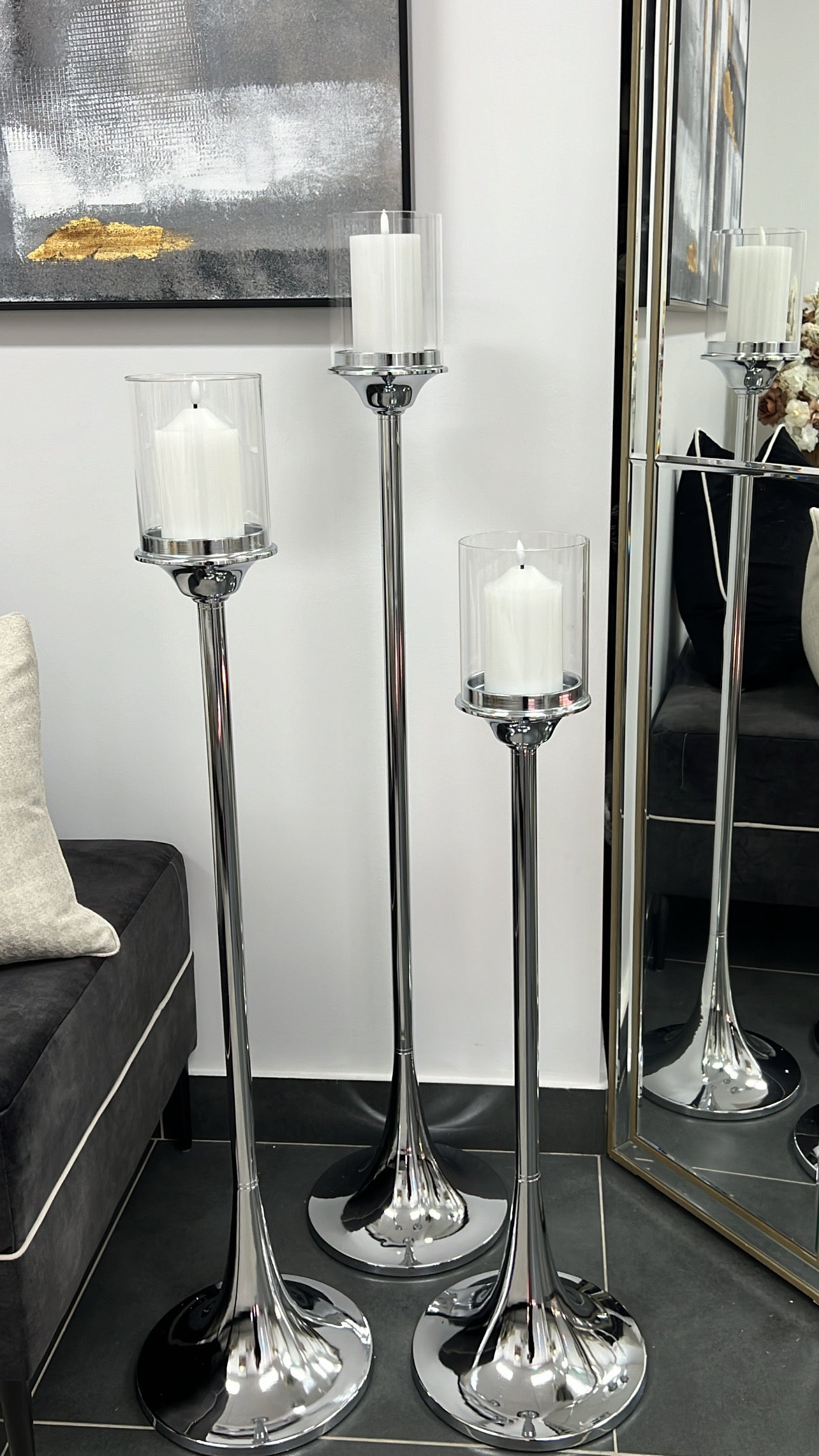 Silver floor candle holders - Luscious Homewares