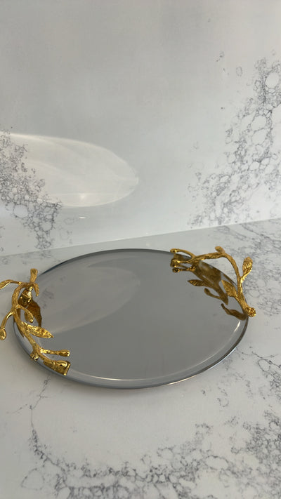 satinless steel brass leaf handle tray