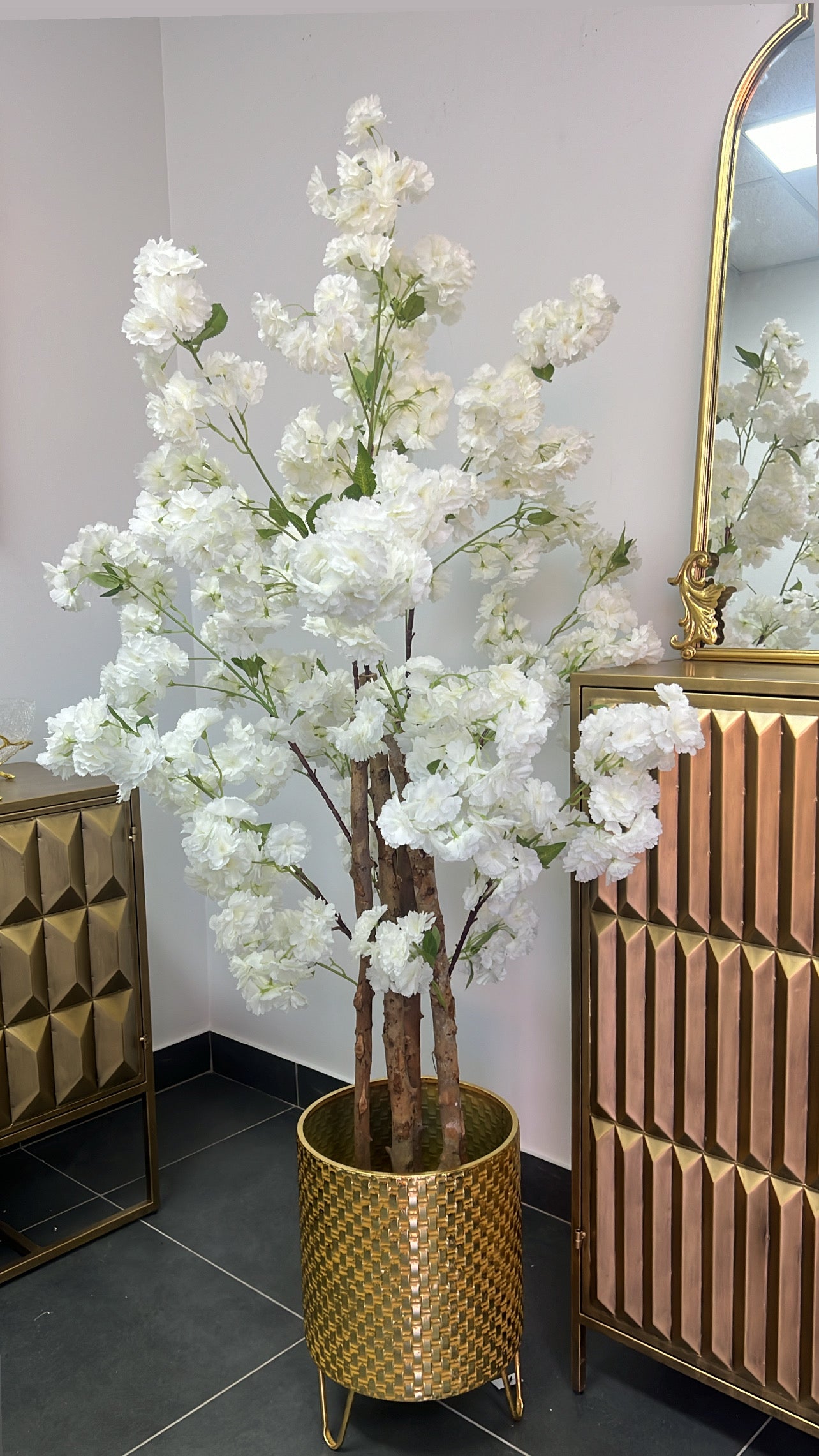 White blossom artificial tree plant + gold pot