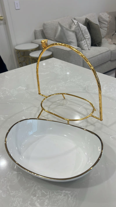 Asffor white and gold serving bowl with handle