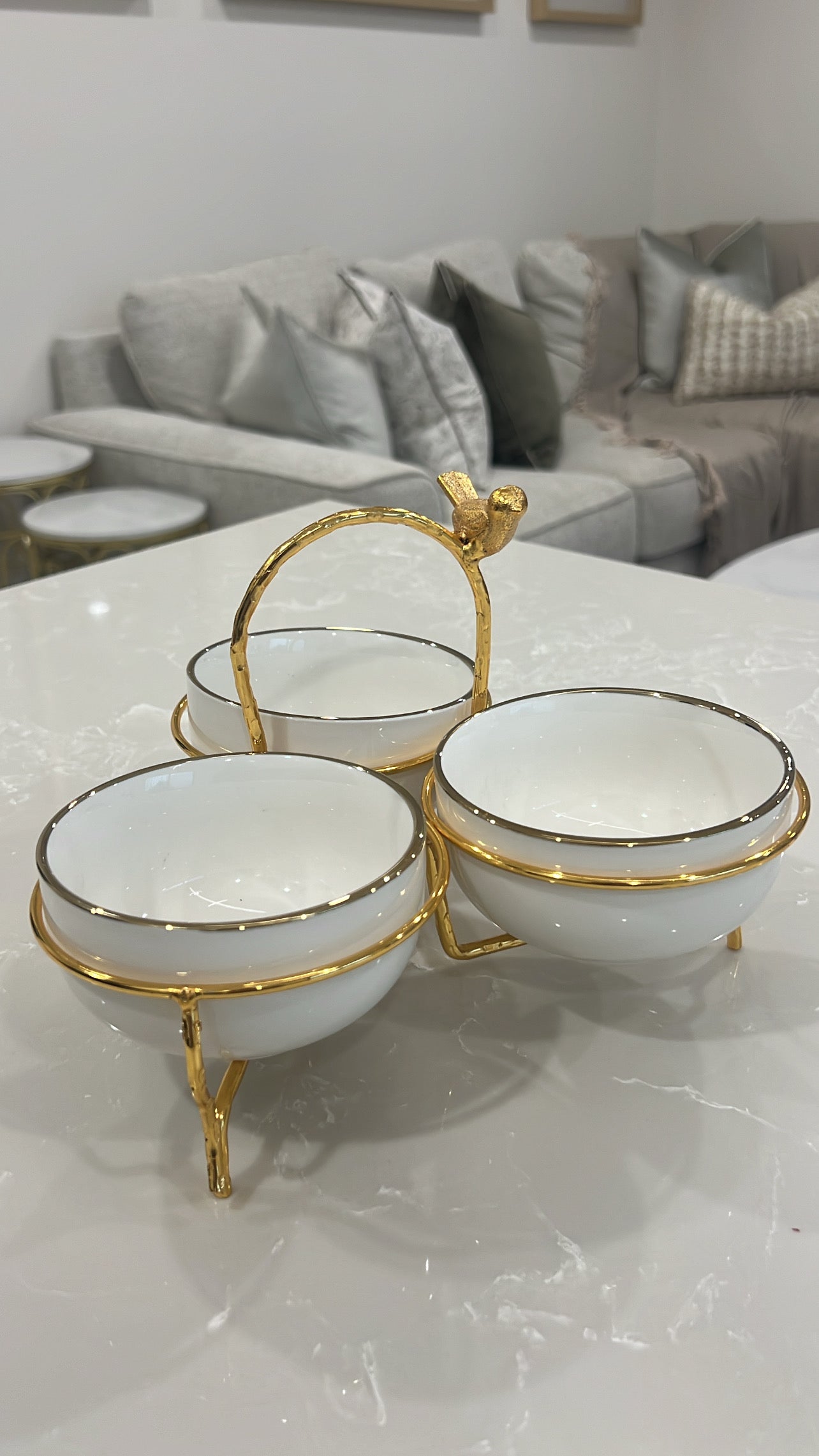 Asffor white and gold triple serving bowl