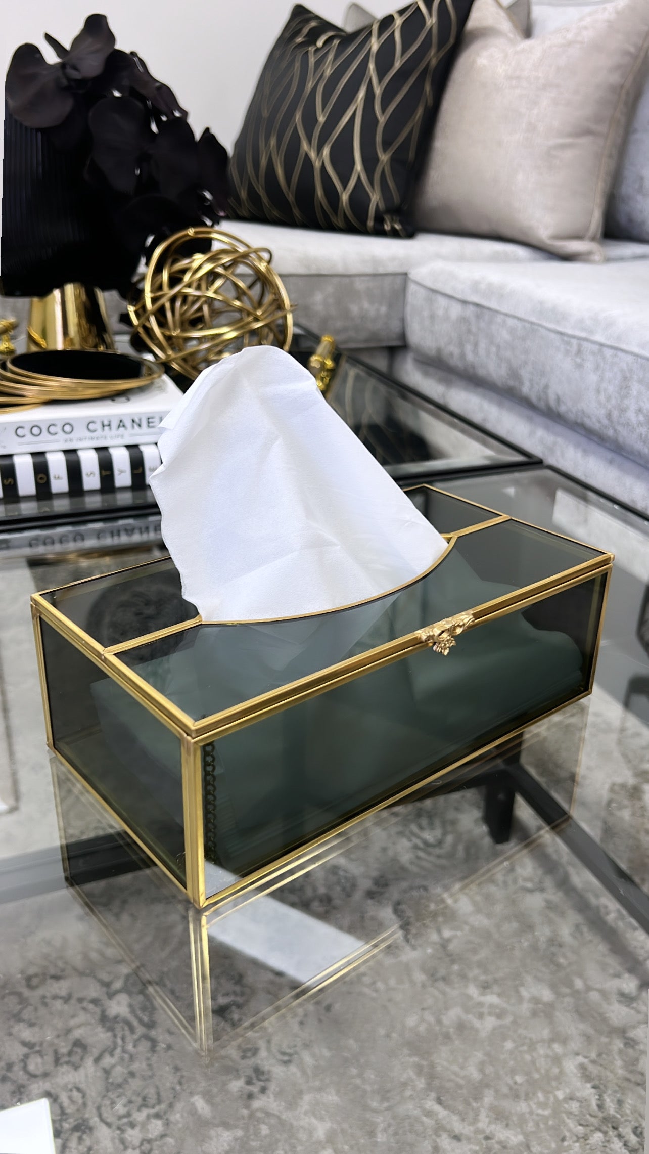 Smoked black glass tissue box - Luscious Homewares