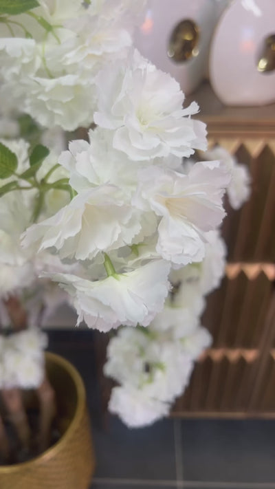 White blossom artificial tree plant + gold pot