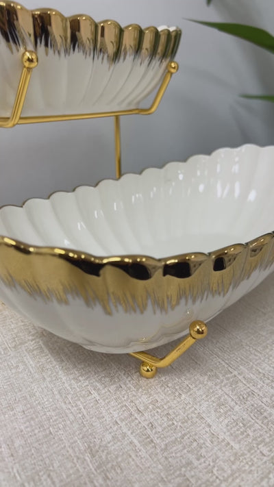 White and gold 2 tier rack oval serving platter